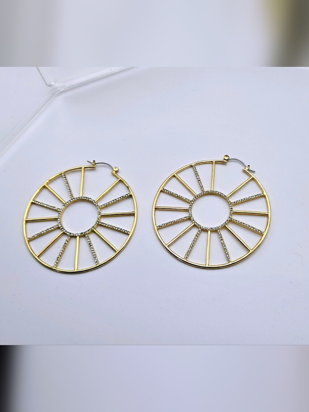 Fashion Jewelry Gold Hoop Sunburst Earrings with Crystal Accents - Picture 1 of 16